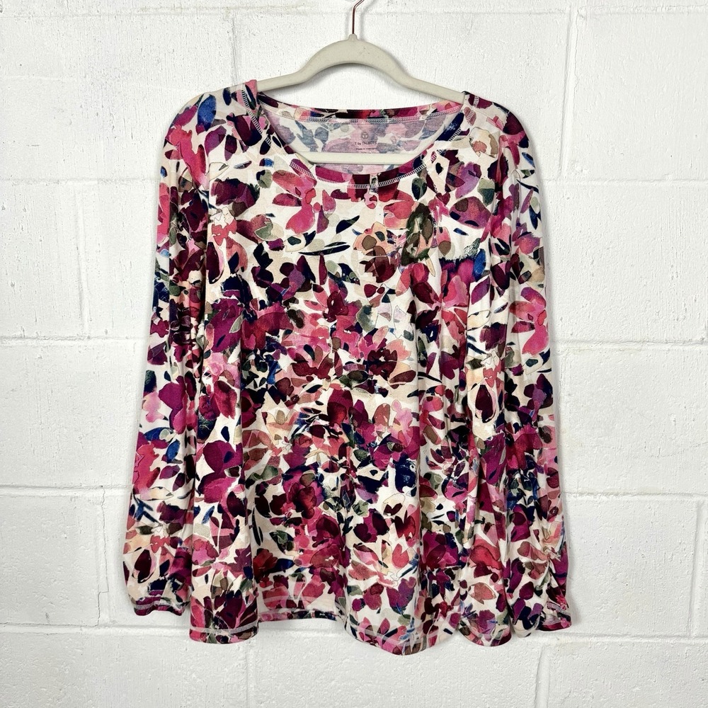 T by Talbots Long Sleeve Floral Tee Size XLP Pink Ruched Sleeves Casual Stretch